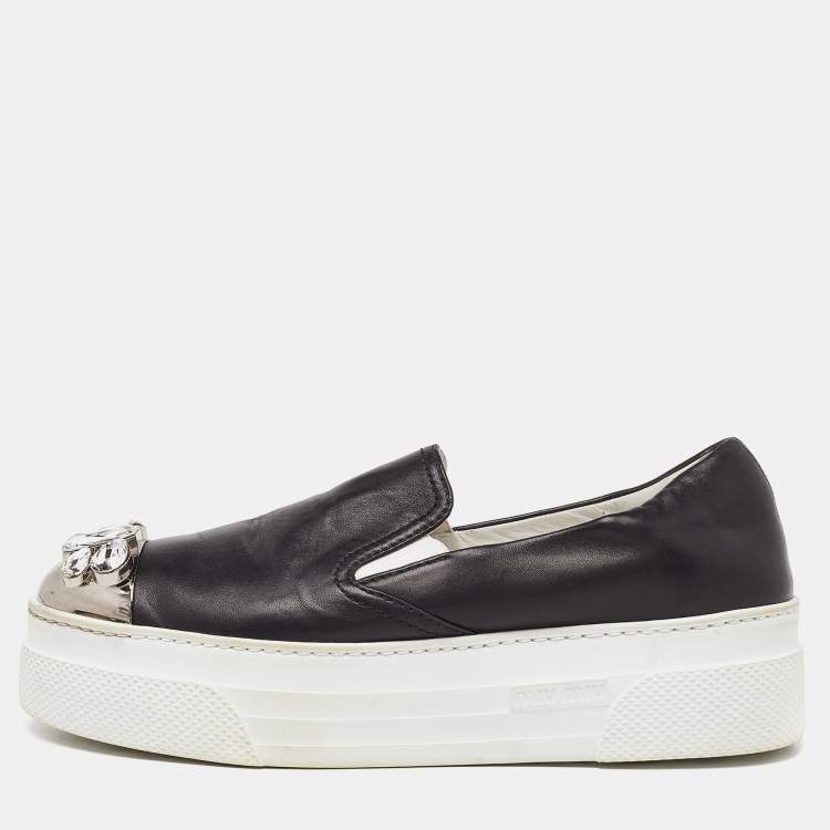 Pre Owned Miu Miu Black Leather Embellished Cap Toe Slip On Sneakers Size 39