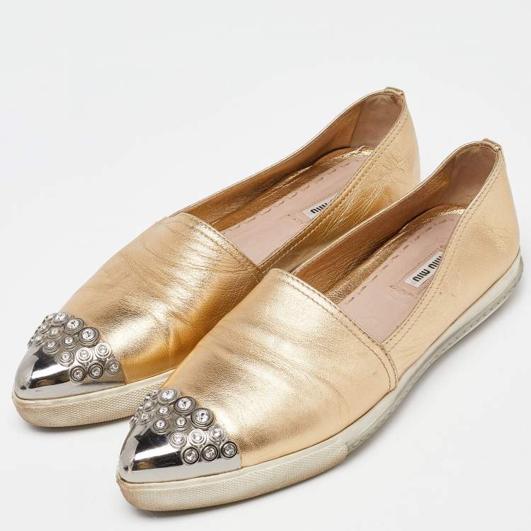 Pre Owned Miu Miu Gold Foil Leather Crystal Embellished Slip On Sneakers Size 41