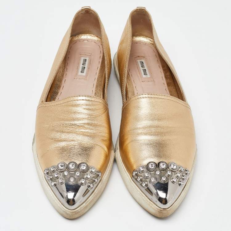 Pre Owned Miu Miu Gold Foil Leather Crystal Embellished Slip On Sneakers Size 41