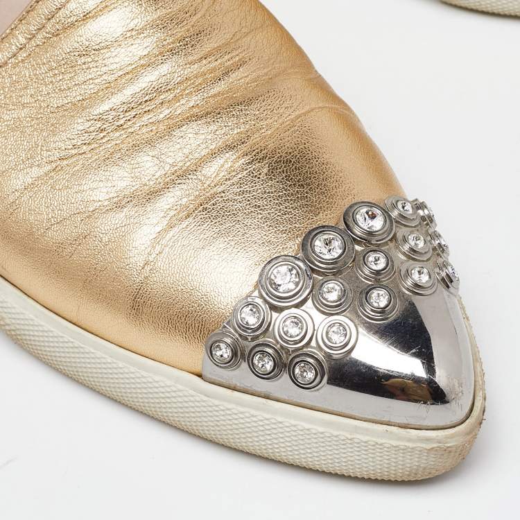 Pre Owned Miu Miu Gold Foil Leather Crystal Embellished Slip On Sneakers Size 41