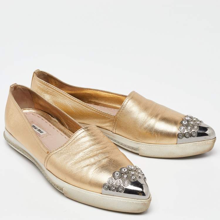 Pre Owned Miu Miu Gold Foil Leather Crystal Embellished Slip On Sneakers Size 41