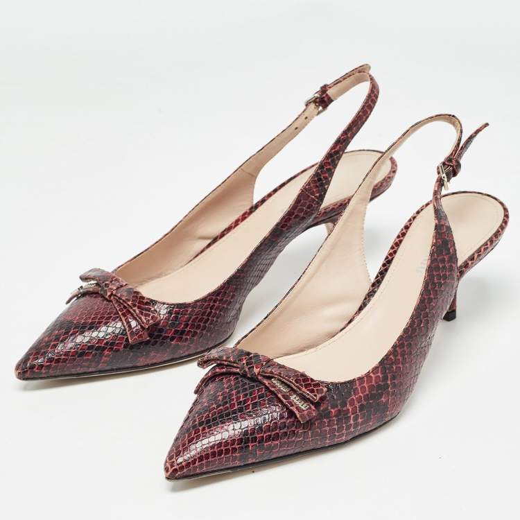 Pre Owned Miu Miu Burgundy Python  Embossed Leather Slingback Pumps Size 38