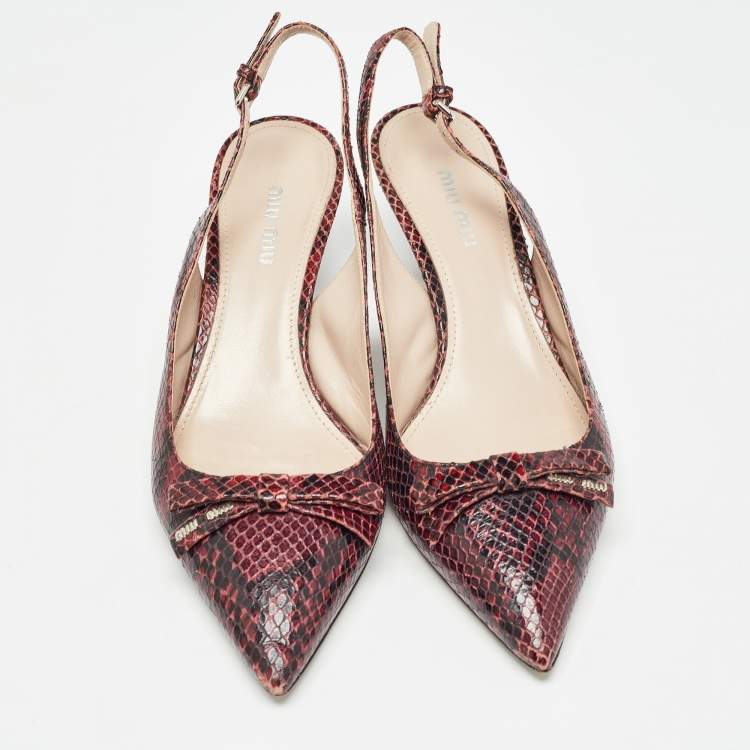 Pre Owned Miu Miu Burgundy Python  Embossed Leather Slingback Pumps Size 38
