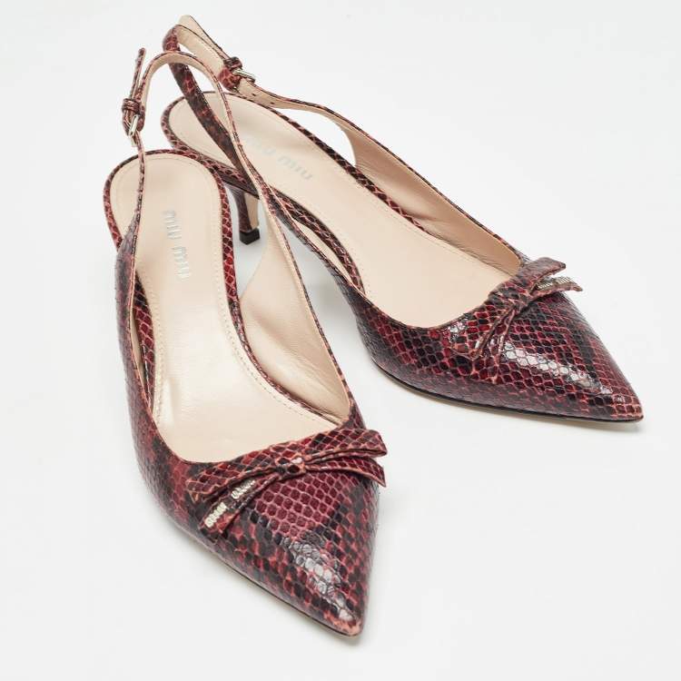 Pre Owned Miu Miu Burgundy Python  Embossed Leather Slingback Pumps Size 38