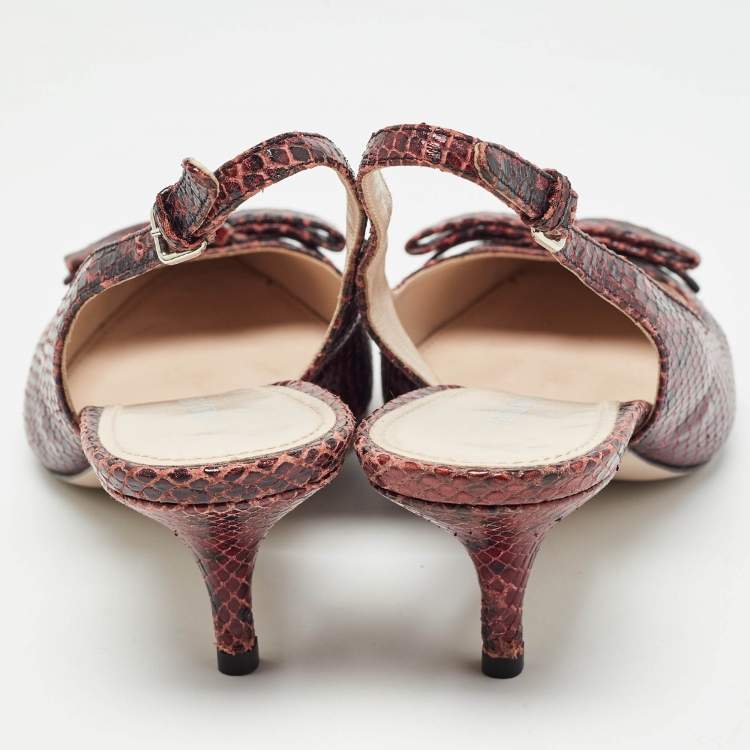 Pre Owned Miu Miu Burgundy Python  Embossed Leather Slingback Pumps Size 38