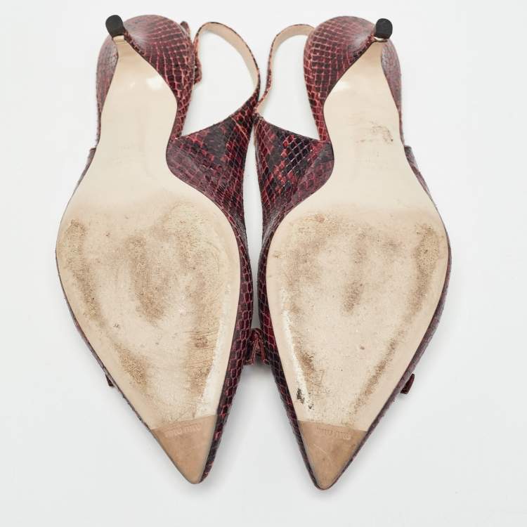 Pre Owned Miu Miu Burgundy Python  Embossed Leather Slingback Pumps Size 38