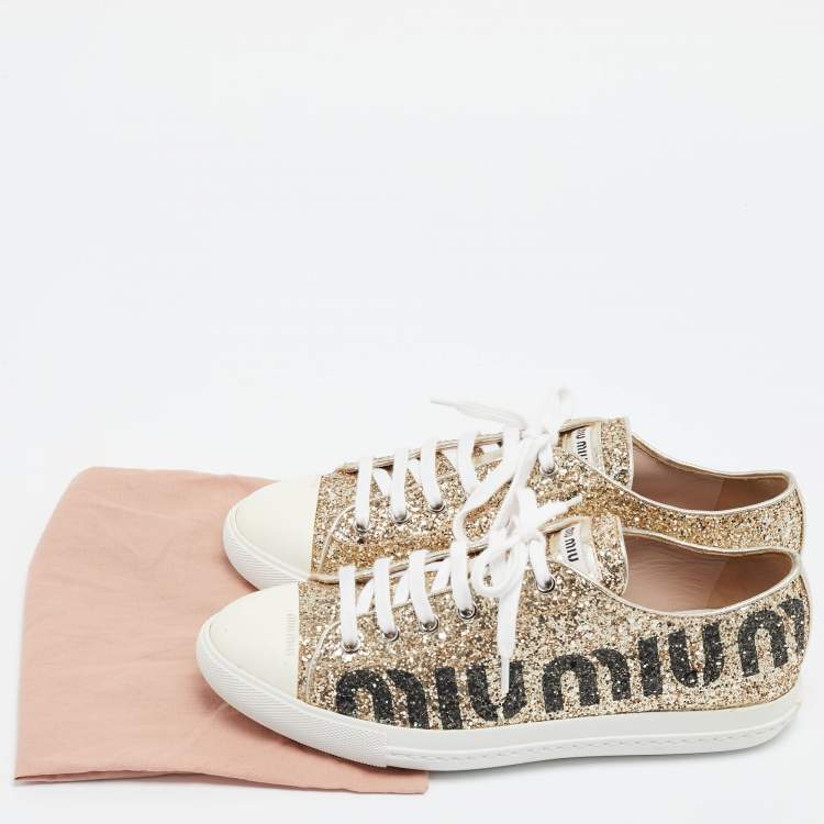 Pre Owned Miu Miu Gold Coarse Glitter Low Top Sneakers Size 39
