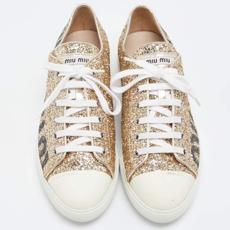 Pre Owned Miu Miu Gold Coarse Glitter Low Top Sneakers Size 39