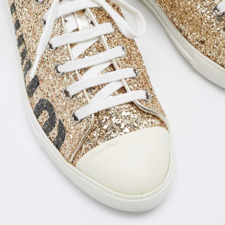 Pre Owned Miu Miu Gold Coarse Glitter Low Top Sneakers Size 39