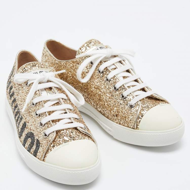 Pre Owned Miu Miu Gold Coarse Glitter Low Top Sneakers Size 39