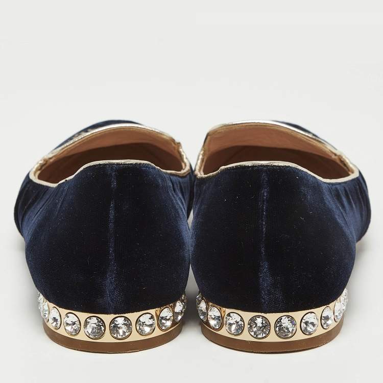 Pre Owned Miu Miu Navy Blue Velvet Embroidered Crystal Embellished Smoking Slippers  Size 36.5