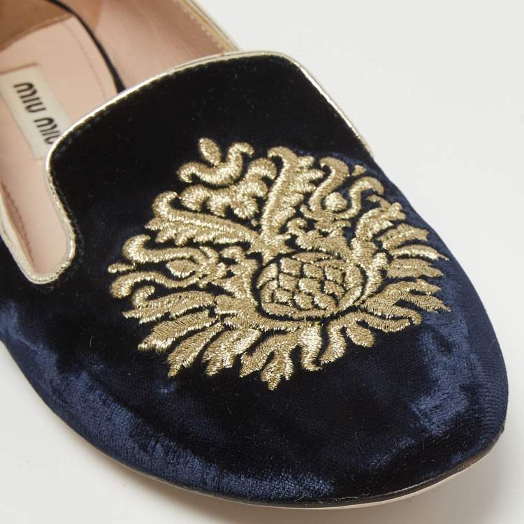 Pre Owned Miu Miu Navy Blue Velvet Embroidered Crystal Embellished Smoking Slippers  Size 36.5