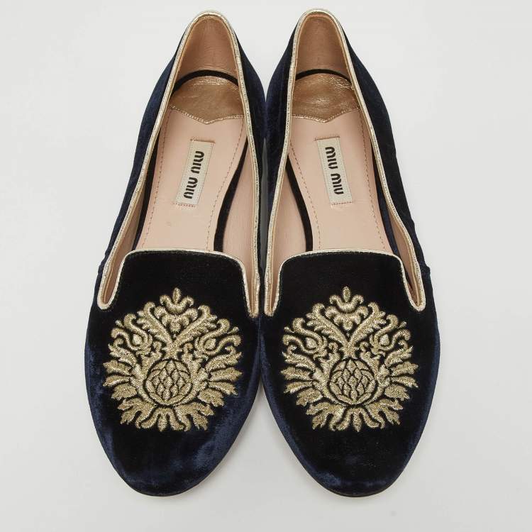 Pre Owned Miu Miu Navy Blue Velvet Embroidered Crystal Embellished Smoking Slippers  Size 36.5