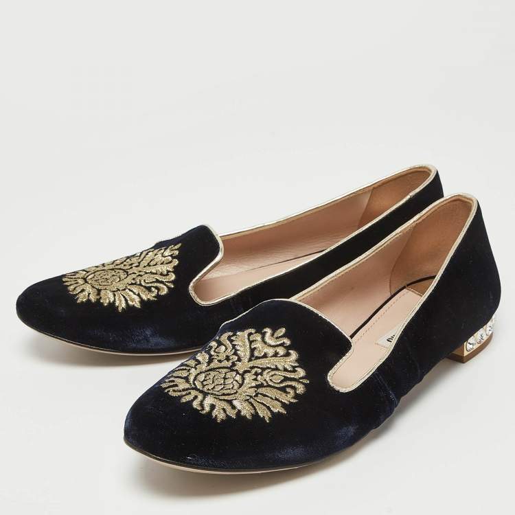 Pre Owned Miu Miu Navy Blue Velvet Embroidered Crystal Embellished Smoking Slippers  Size 36.5