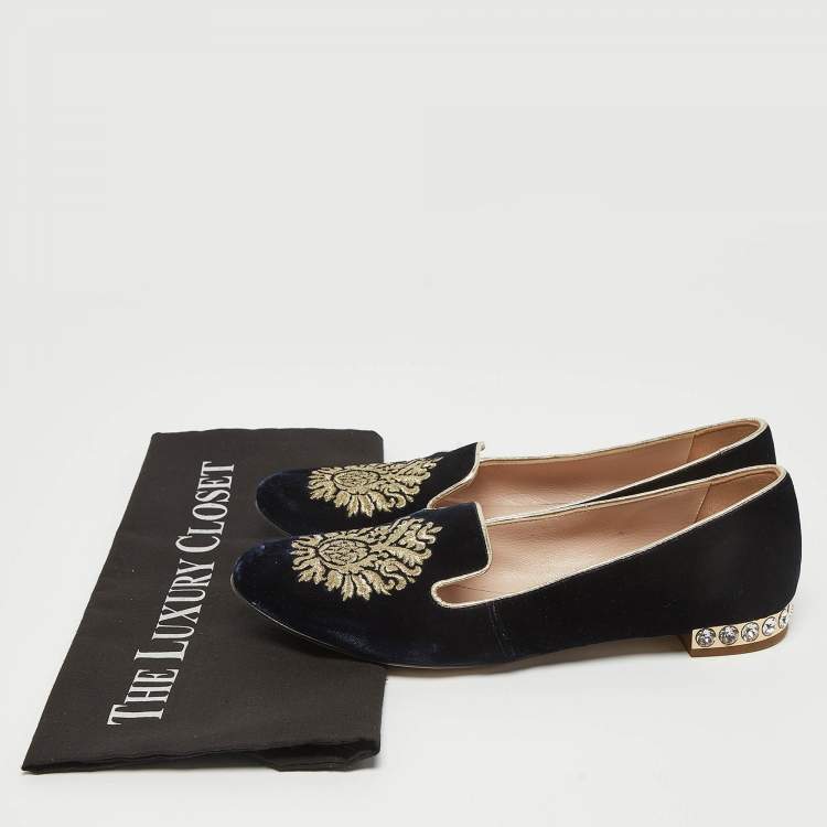 Pre Owned Miu Miu Navy Blue Velvet Embroidered Crystal Embellished Smoking Slippers  Size 36.5