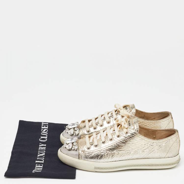 Pre Owned Miu Miu Gold Leather Crystal Embellished Cap-Toe Low-Top Sneakers Size 39