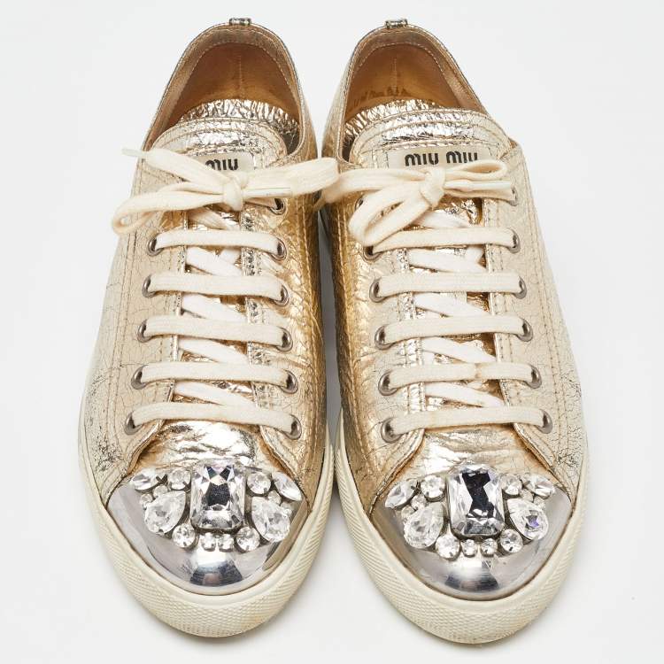Pre Owned Miu Miu Gold Leather Crystal Embellished Cap-Toe Low-Top Sneakers Size 39