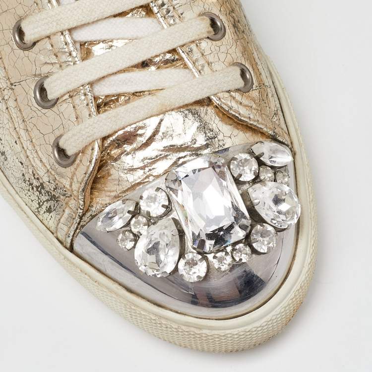 Pre Owned Miu Miu Gold Leather Crystal Embellished Cap-Toe Low-Top Sneakers Size 39