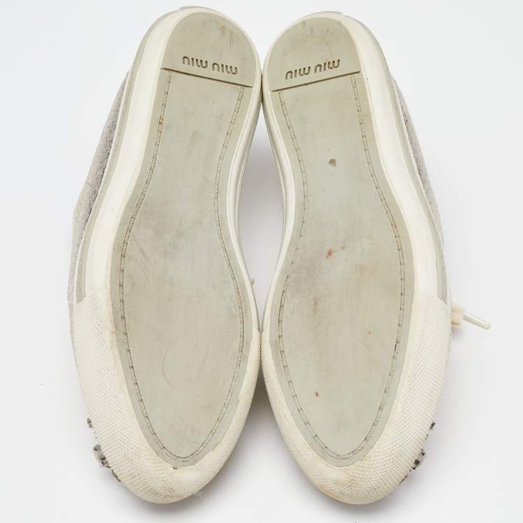 Pre Owned Miu Miu Gold Leather Crystal Embellished Cap-Toe Low-Top Sneakers Size 39
