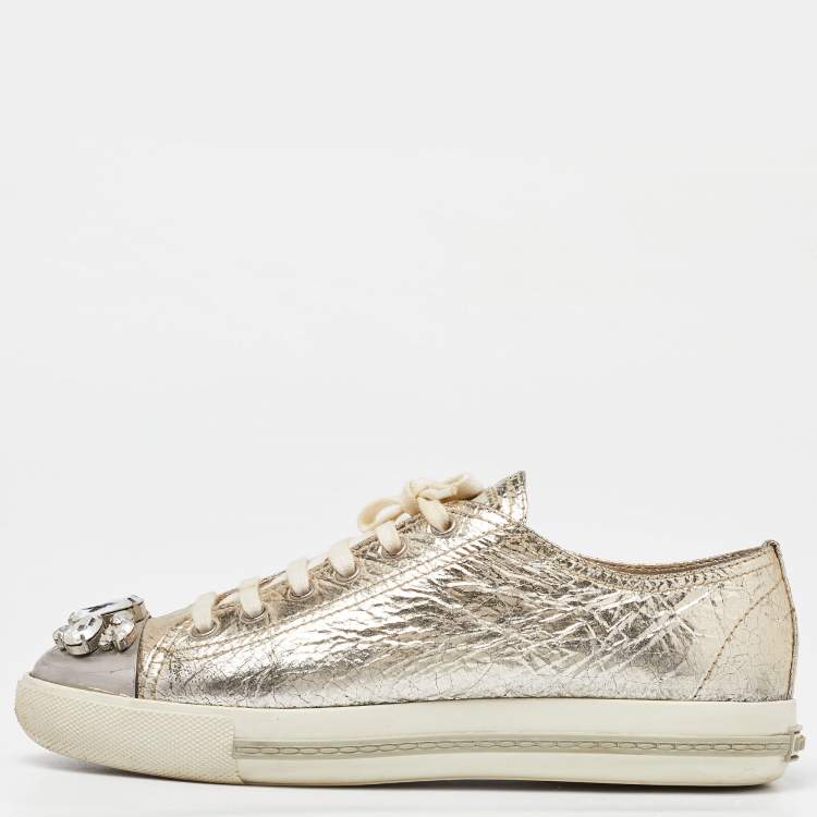 Pre Owned Miu Miu Gold Leather Crystal Embellished Cap-Toe Low-Top Sneakers Size 39