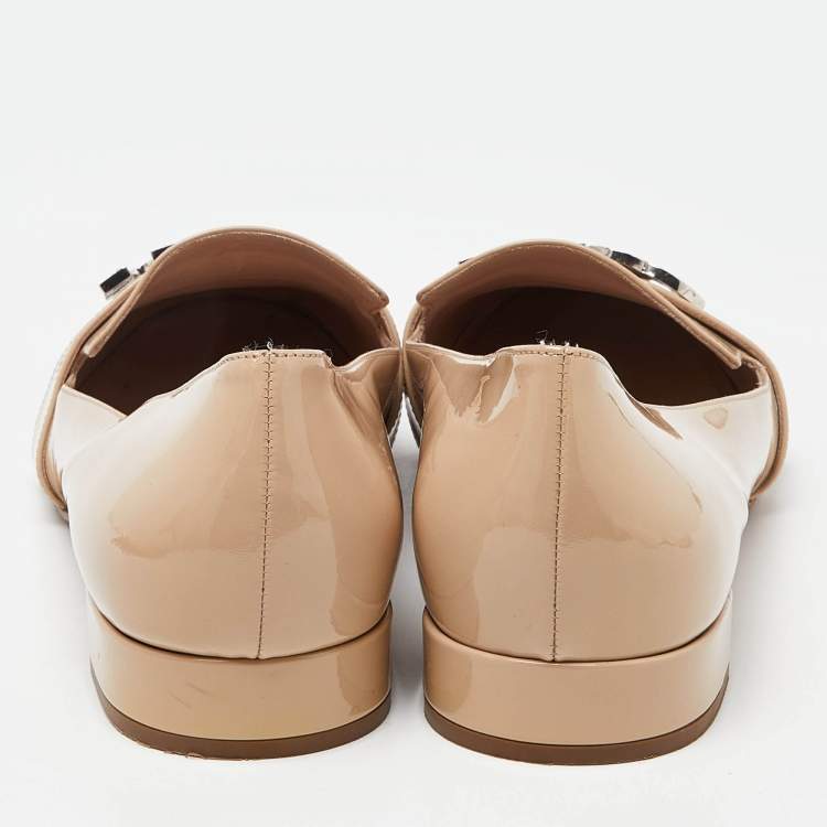 Pre Owned Miu Miu Beige Patent Leather Crystal Embellished Smoking Slippers Size 41