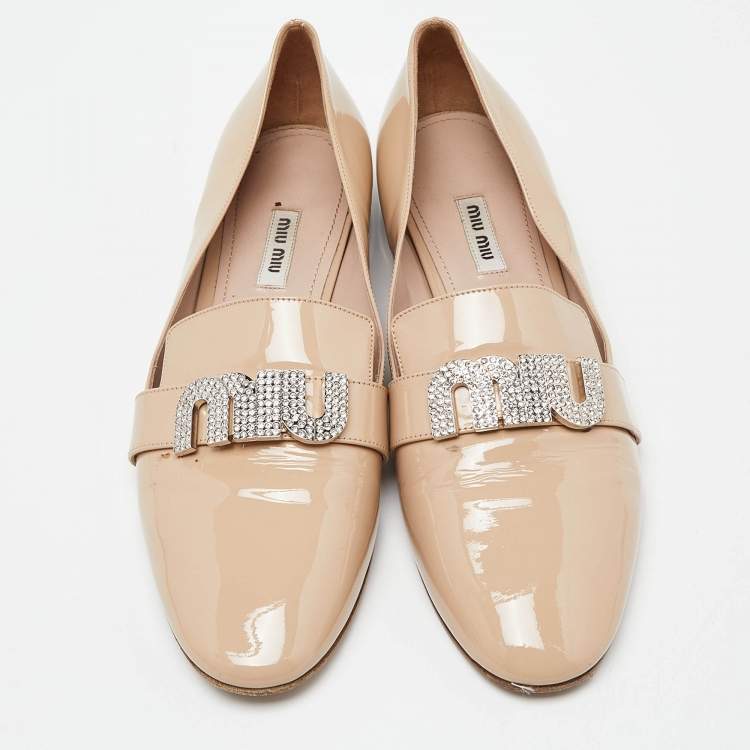 Pre Owned Miu Miu Beige Patent Leather Crystal Embellished Smoking Slippers Size 41