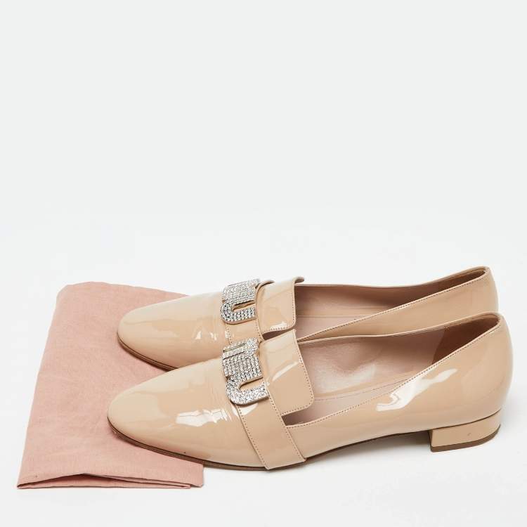 Pre Owned Miu Miu Beige Patent Leather Crystal Embellished Smoking Slippers Size 41