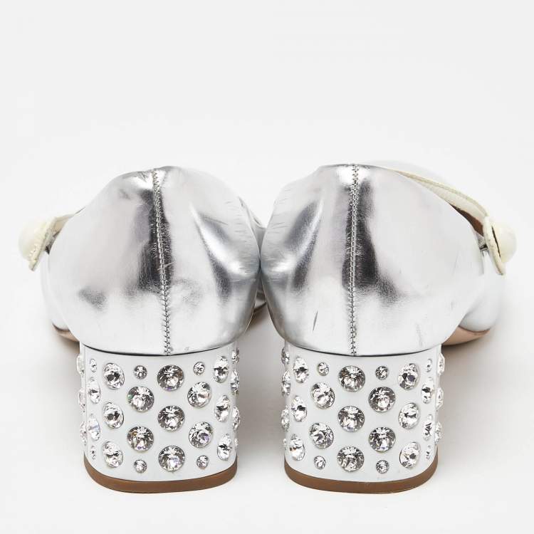 Pre Owned Miu Miu Silver Patent Leather Crystal Embellished Heel Mary Jane Pumps Size 39.5