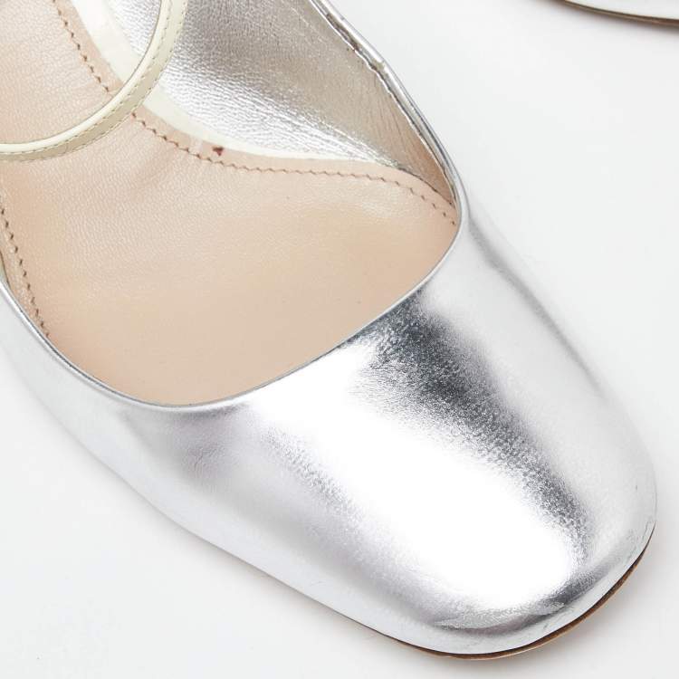 Pre Owned Miu Miu Silver Patent Leather Crystal Embellished Heel Mary Jane Pumps Size 39.5