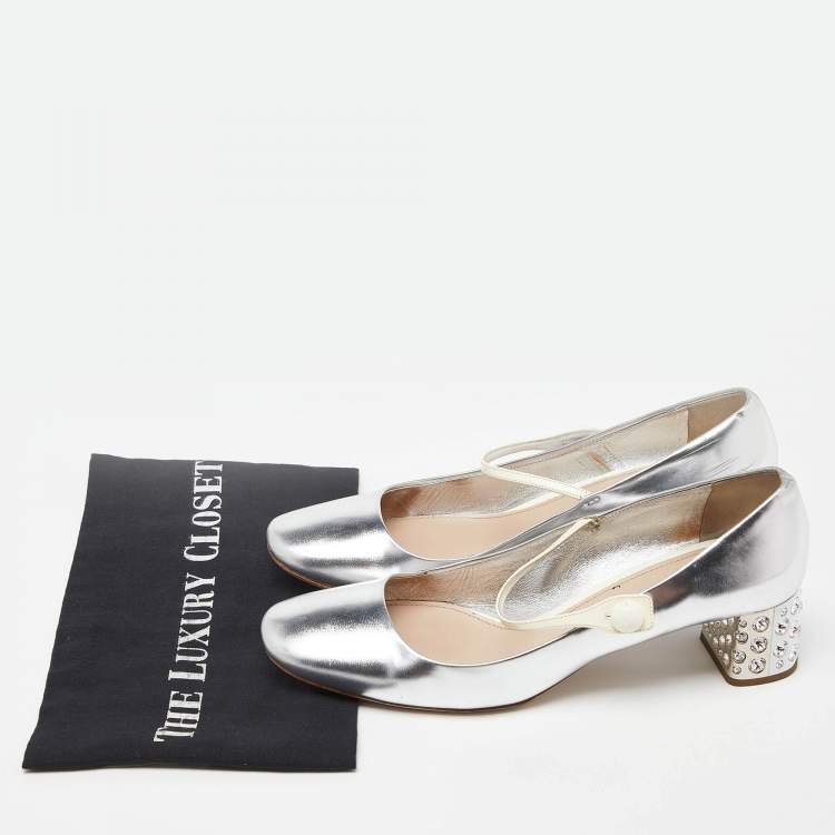Pre Owned Miu Miu Silver Patent Leather Crystal Embellished Heel Mary Jane Pumps Size 39.5