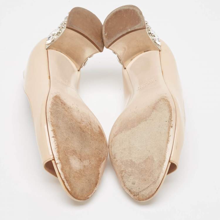 Pre Owned Miu Miu Beige Patent Leather Crystal Embellished Block Heel Peep Toe Pumps Size 37