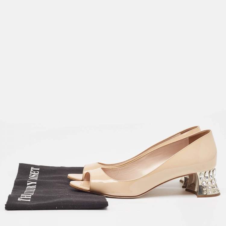 Pre Owned Miu Miu Beige Patent Leather Crystal Embellished Block Heel Peep Toe Pumps Size 37