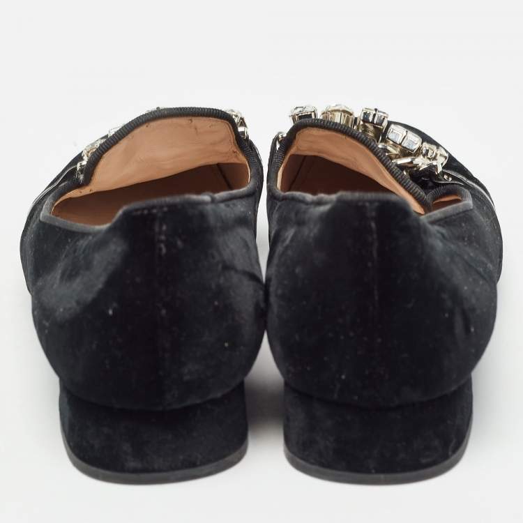 Pre Owned Miu Miu Black Velvet Crystal Embellished Smoking Slippers Size 37