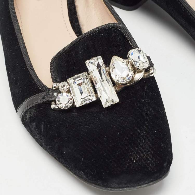 Pre Owned Miu Miu Black Velvet Crystal Embellished Smoking Slippers Size 37