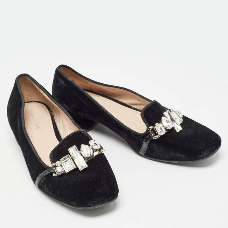 Pre Owned Miu Miu Black Velvet Crystal Embellished Smoking Slippers Size 37