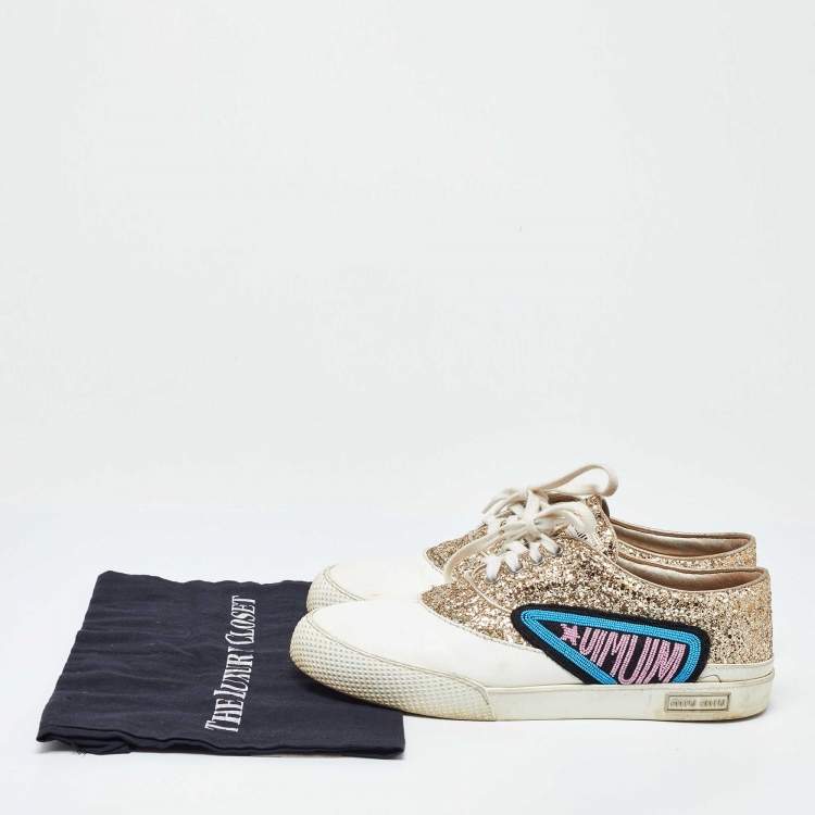 Pre Owned Miu Miu White/Gold Leather and Glitter Low Top Sneakers Size 41
