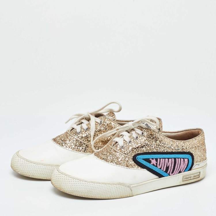 Pre Owned Miu Miu White/Gold Leather and Glitter Low Top Sneakers Size 41