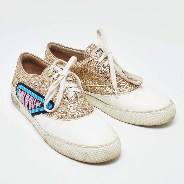 Pre Owned Miu Miu White/Gold Leather and Glitter Low Top Sneakers Size 41