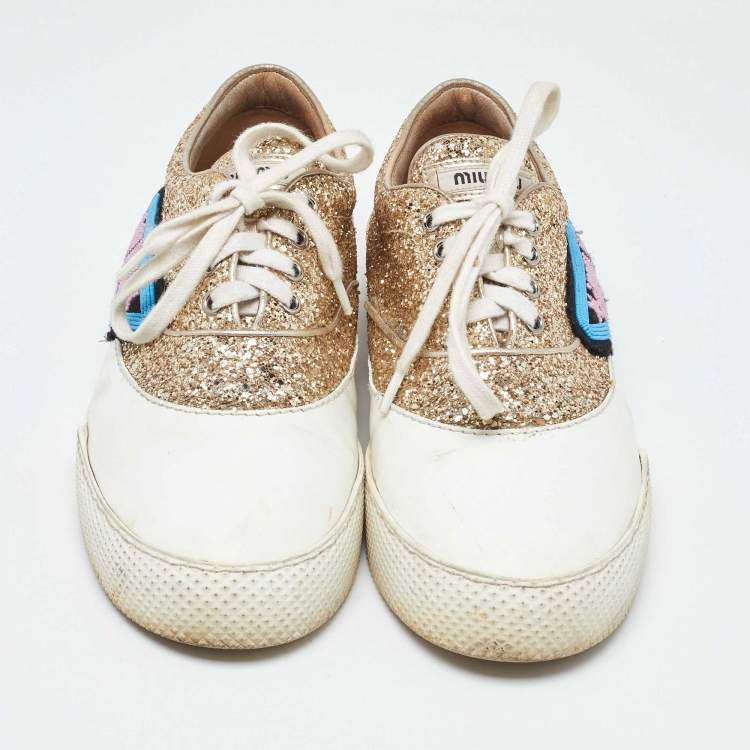 Pre Owned Miu Miu White/Gold Leather and Glitter Low Top Sneakers Size 41