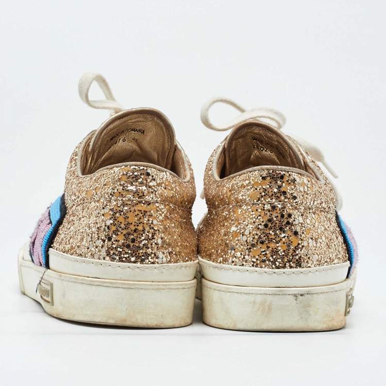 Pre Owned Miu Miu White/Gold Leather and Glitter Low Top Sneakers Size 41