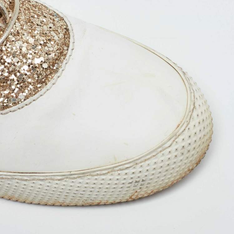 Pre Owned Miu Miu White/Gold Leather and Glitter Low Top Sneakers Size 41