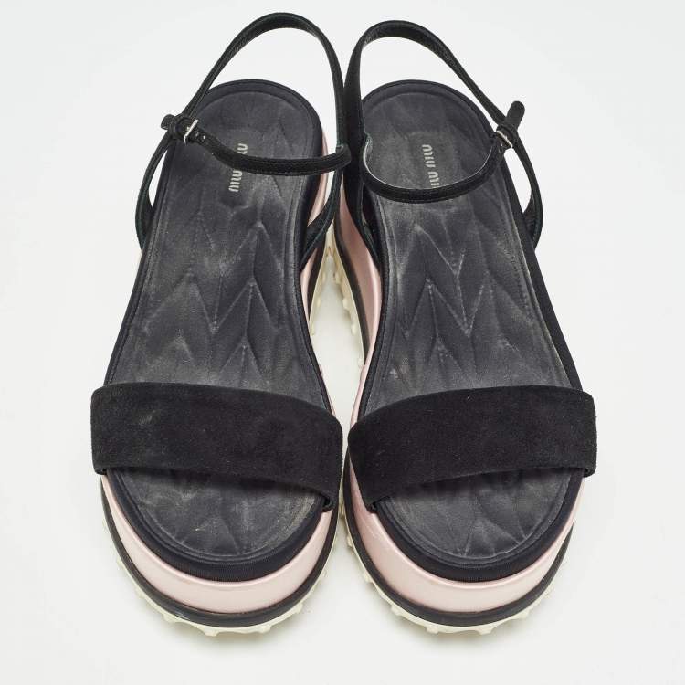 Pre Owned Miu Miu Black Suede Ankle Wedge Sandals Size 38 