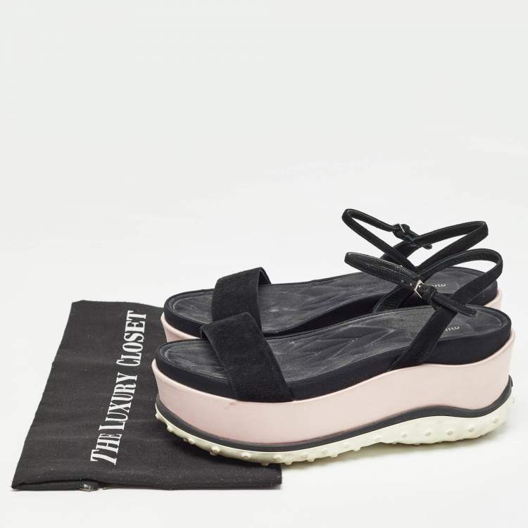 Pre Owned Miu Miu Black Suede Ankle Wedge Sandals Size 38 