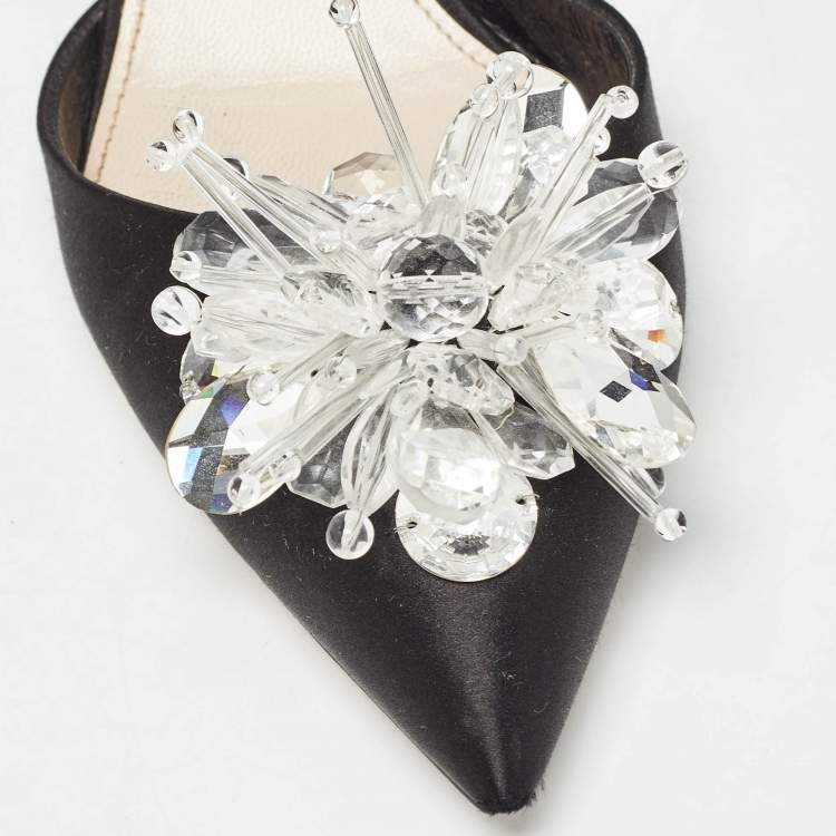 Pre Owned Miu Miu Black Satin Crystals Embellished Ankle Strap Pumps Size 38