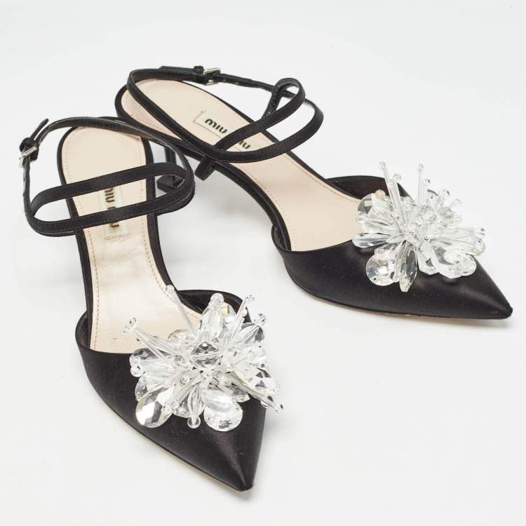 Pre Owned Miu Miu Black Satin Crystals Embellished Ankle Strap Pumps Size 38