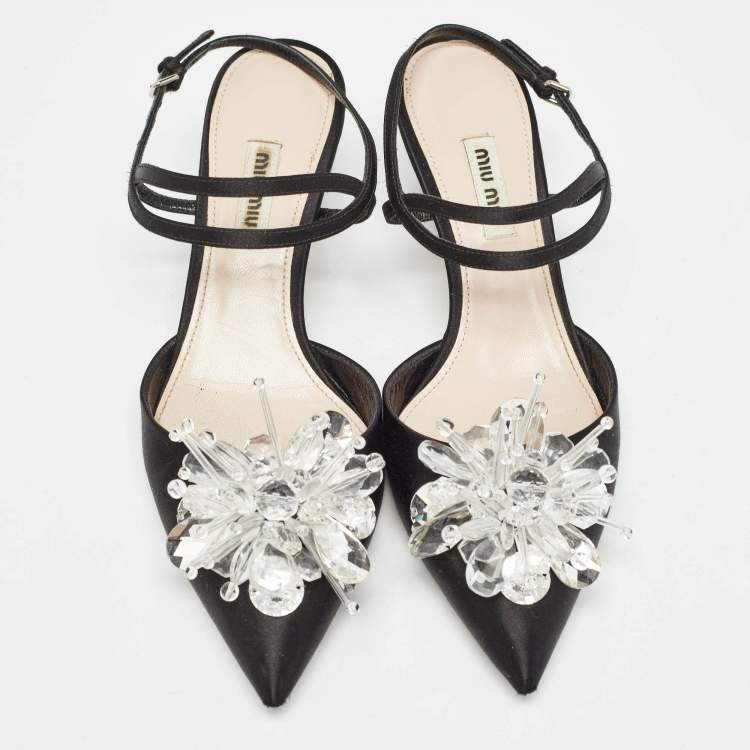 Pre Owned Miu Miu Black Satin Crystals Embellished Ankle Strap Pumps Size 38