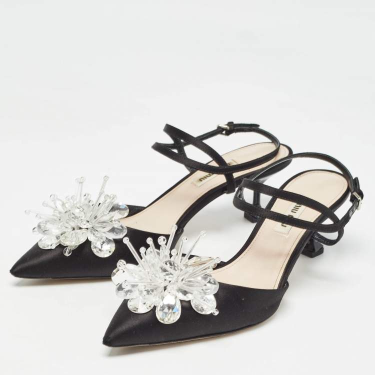 Pre Owned Miu Miu Black Satin Crystals Embellished Ankle Strap Pumps Size 38