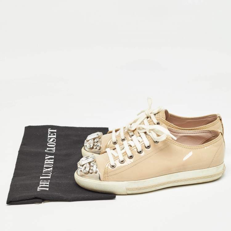 Pre Owned Miu Miu Beige Patent Leather Crystal Embellished Lace Up Sneakers Size 36