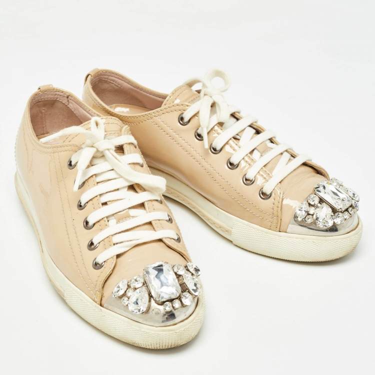 Pre Owned Miu Miu Beige Patent Leather Crystal Embellished Lace Up Sneakers Size 36