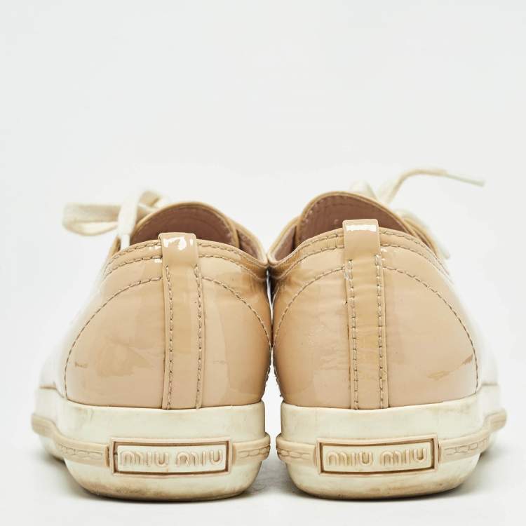 Pre Owned Miu Miu Beige Patent Leather Crystal Embellished Lace Up Sneakers Size 36